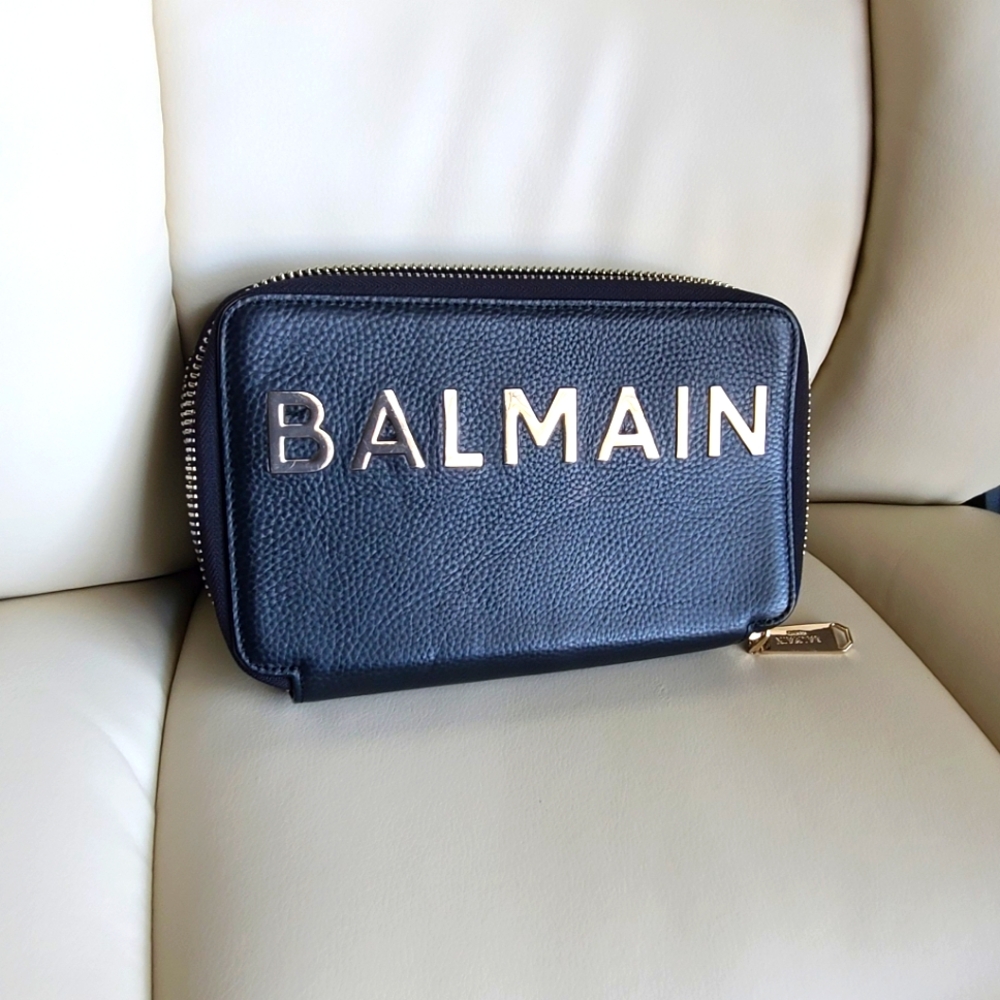 Balmain Black Leather Pouch with Gold Details